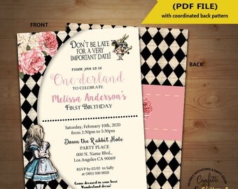 Wonderland birthday Invitation vintage Alice One-derland first birthday invite Instant Download YOU EDIT TEXT and print yourself 5331