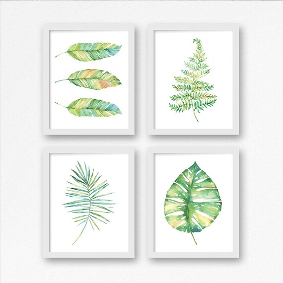 Printable Watercolor Leaf Art Set of 4 / Tropical Leaf Art