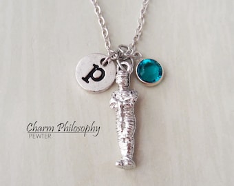 Mummy Necklace - Personalized Initial and Birthstone - Antique Silver Pewter Jewelry