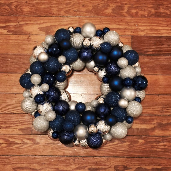 Items similar to Blue and silver ornament wreath, Christmas wreath