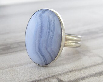 Blue Lace Agate Ring - Blue Lace Agate Jewelry Statement Ring - Sterling Silver Rings for Women - Agate Blue Lace - Gemstone Ring