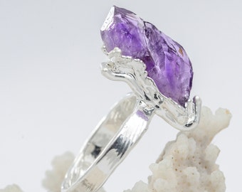 Natural amethyst ring: Raw crystal Stone plated silver - unique gift for women and girls