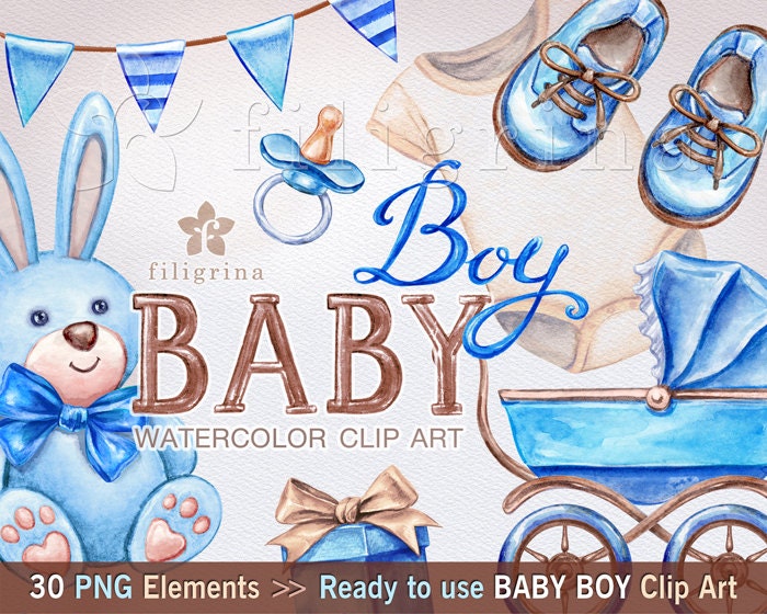 Download BABY BOY 30 watercolor Clip Art elements. Cute plush toys