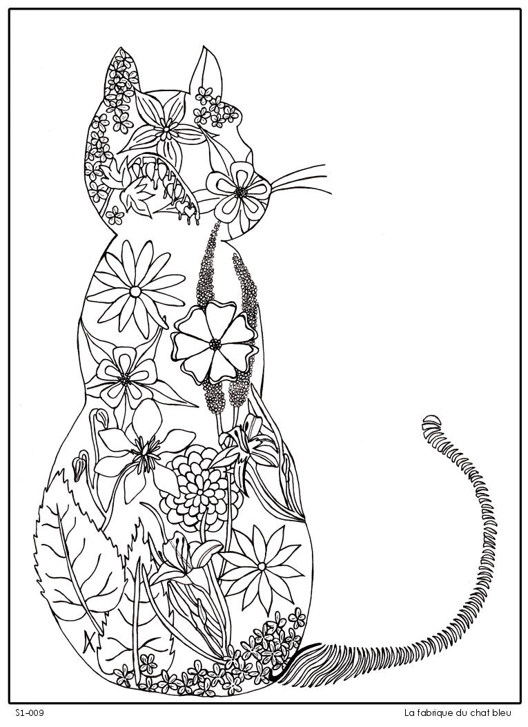 Page   colorier pour adulte chat fleurs jardin coloriage