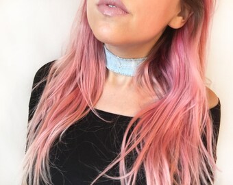 Distressed light denim choker - jean choker necklace 90s choker