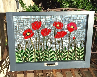 Vintage Window Red Poppies Stained Glass Mosaic - Repurposed - Custom - Wall hanging