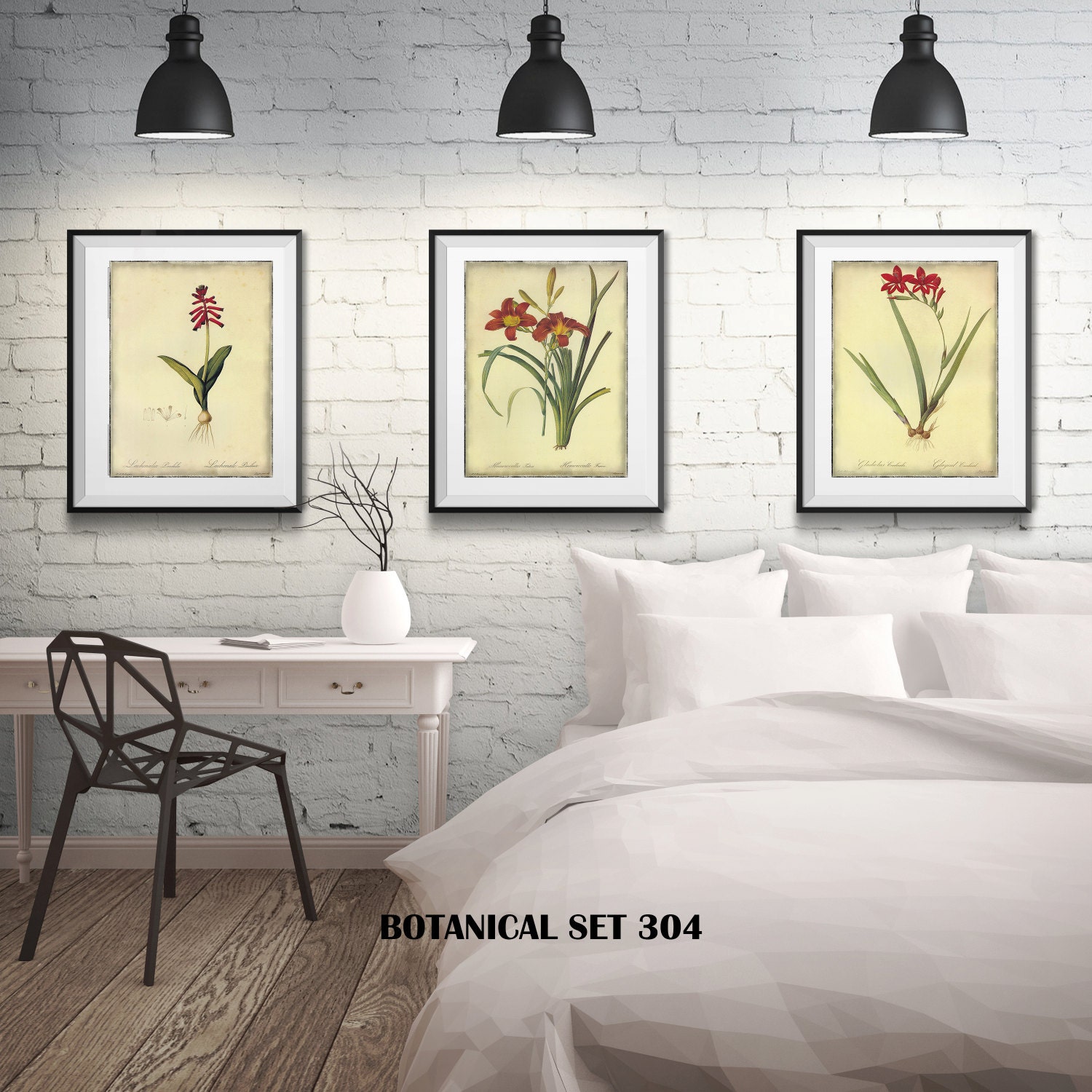 3 Botanical Prints Matted and Framed Free Shipping Red