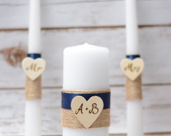 Rustic Unity Candle Set Navy Blue Candle Personalized Wedding Unity Set Burlap wedding