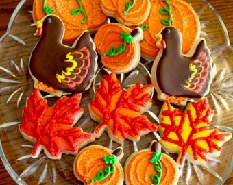 Fall Cookies - Fall Leaves - Turkey Cookies - Pumpkin Patch Cookies - Thanksgiving Cookies - Halloween Cookies - 1 Dozen!