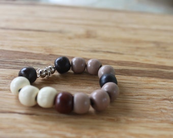 Wooden Bead Child Emergency Bracelet, Brown and white bracelet, Kids ID bracelet, Security Bracelet, Phone Number Bracelet