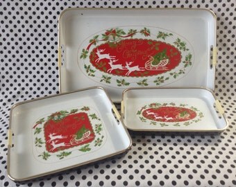 C.1960's~Merry Christmas~Laquerware Trays~Set of Three