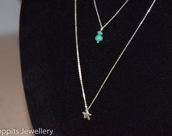 Genuine Turquoise necklace, Fine silver jewellery, star and turquoise bead necklace, double layered necklace, silver star necklace, stars