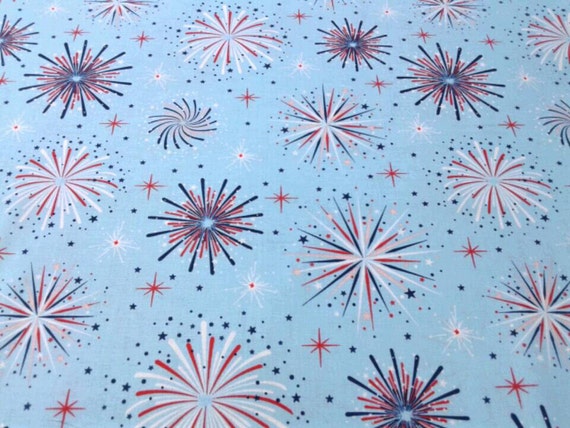 4th of July Fireworks Fabric with light blue background, 