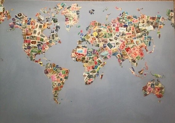 World Map Collage In Postage Stamps