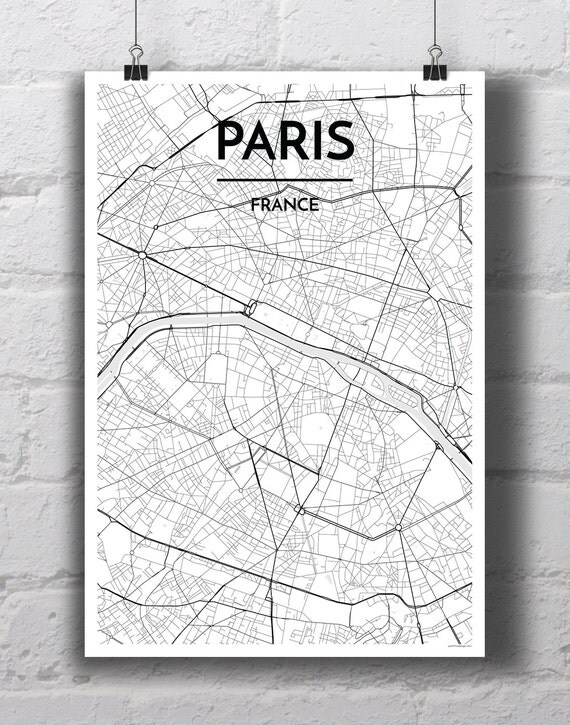 Black &amp; White Paris City Map Print