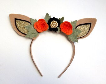 Felt Deer Fawn Ear headband - hallow's eve orange, black with glitter gold and green leaves