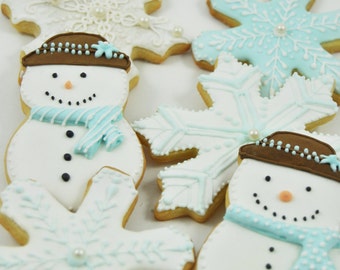 Winter Wonderland Snowflakes and frosty the snowman White Christmas Cookies - cute decorated perfect holiday gift sugar cookies - snow