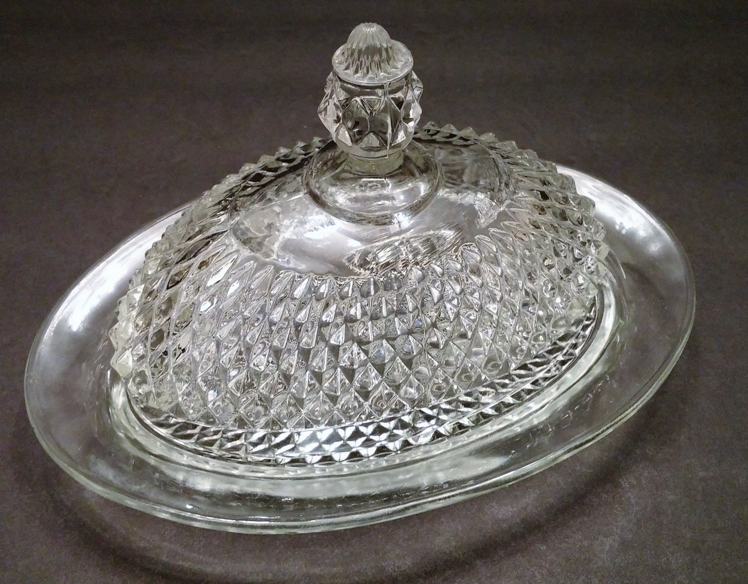 Indiana Glass Diamond Point Oval Butter Dish with Lid