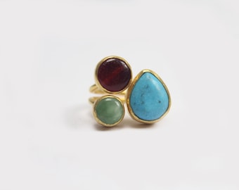Gold-plated Brass Three Stone Ring with Turquoise, Garnet & Jade