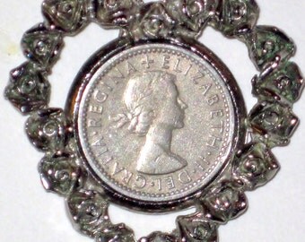 Necklace- Six Pence- Pendant - Heart Shaped -1954--Vtg.---24 Inch Chain. Bridal Jewelry. Good Luck Charm Necklace. Collectible.