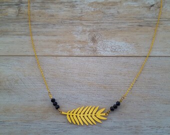 Feather necklace, gold plated and black onyx, hand made
