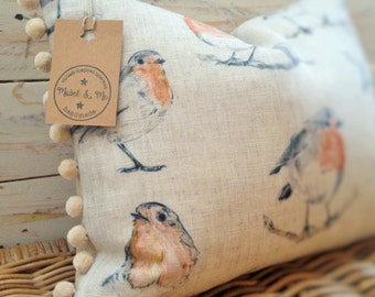 Handmade Robin Cushion, Pompom Trim, Clarke & Clarke Linen, British Wildlife, Birds, Country Style, Neutral Decor