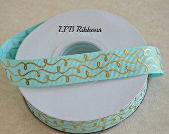 7/8" Aqua gold foil ribbon, aqua gold foil doodles, aqua grosgrain ribbon