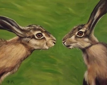 Hares hand painted in Acrylics on large stretched canvas.