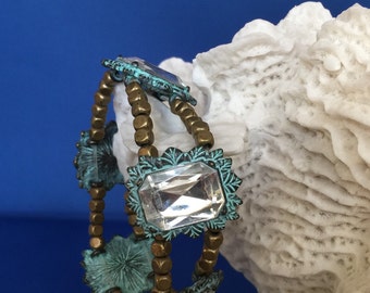 Stretch antique gold and weathered turquoise bracelet