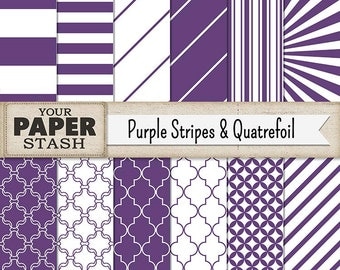 Purple Digital Paper, Purple Quatrefoil, Purple, Stripe, Wide Stripe, Diagonal Lines, Sunburst Pattern, Scrapbook Paper, Birthday Scrapbook