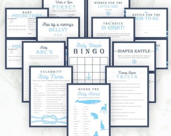 Baby Shower Boy Games Nautical Theme Baby Blue - Bingo, Price is Right, What's in Your Purse, Baby Prediction, Diaper Raffle, ABC Printable