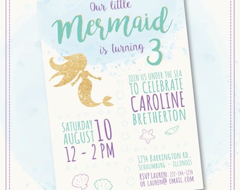 20%OFF SALE Mermaid Invitation Mermaid Birthday Invitation Gold Sparkle Mermaid Invitation Under The Sea Invitation Mermaid Birthday Party