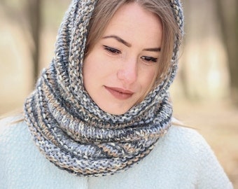 Neck warmer Knitted cowl Infinity scarf Blue scarf Brown cowl Grey neck warmer Hand knit cowl Alpaca scarf Black white cowl Snood scarf