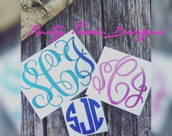 Glitter Monogram Decal, Monogram Sticker, Circle Font, Vine Font, Fancy Font, Your Choice of Color, Glitter Car Decal, Monogram For Her.
