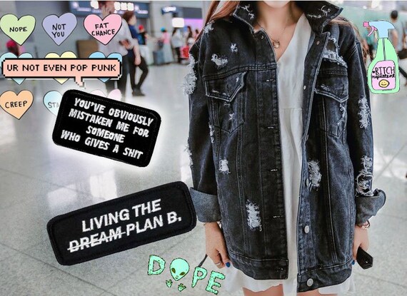 Vintage Ripped Black Denim Jacket S/M Grunge Sarcastic Cynical Patch Detailing