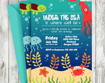 Under the Sea Birthday Invitation, Turtle, Octopus, Crab, Ocean Birthday Invitation, PRINTABLE INVITATION
