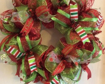 Holiday Wreath-Merry Christmas Wreath-Christmas Wreath-Mesh Wreath