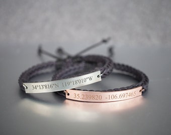 Custom Coordinates Bracelets, Matching Couple Bracelets, His and Hers, Location Engraved Bracelet, Slim Bar, Dark Brown Braided Bracelet