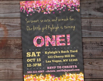 Pink and Gold First Birthday Invitation | Pink and Gold Chalkboard Invitation | 1st Birthday Invitation, Pink and Gold Confetti Party