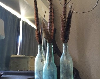 Vintage Aqua Glass Bottles with Natural Feathers