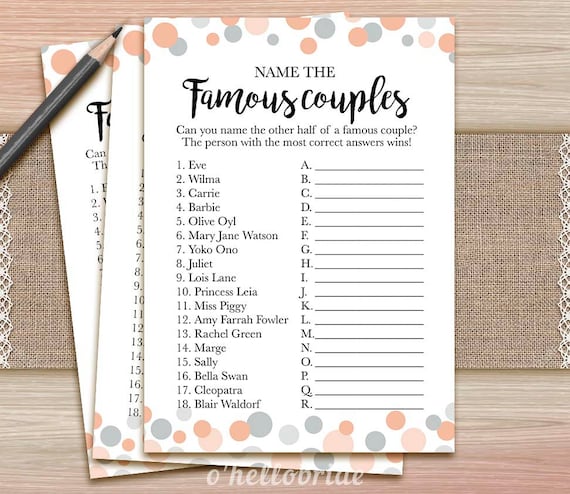 Name the Famous Couple Match Game Printable Coral Bridal