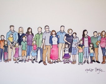 Custom Watercolor Family Portrait Illustration: Extended Family {20-30 people}