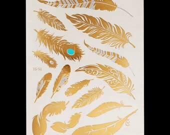 Body Tattoo Doré motif plumes | Tatouage temporaire | couleur or | motifs éphémères pour soirée | à porter pour filles | bijou pour le corps