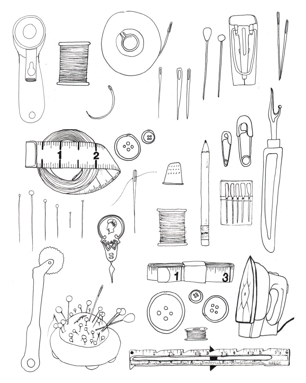 Sewing Supplies Drawing 8x10