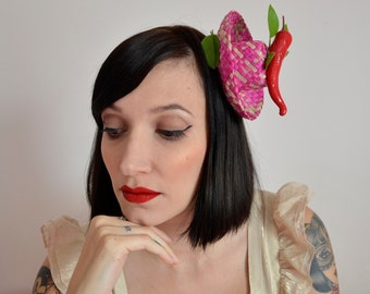 Pillbox Hat Sombrero Bibi Straw Hat Red Pepper Chapeau Paille Piment Rouge