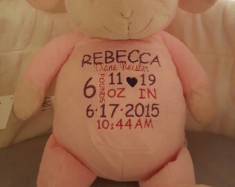 Baby Birth Announcement Stuffed Animal Embroidered 12" Tall Cubbie Custom Made to Order / Infant / Newborn