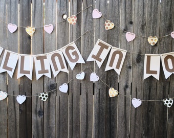 Rustic Falling In Love Heart Garland shabby chic neutral rose gold ivory pink scalloped brown banner twine party supplies decor banner