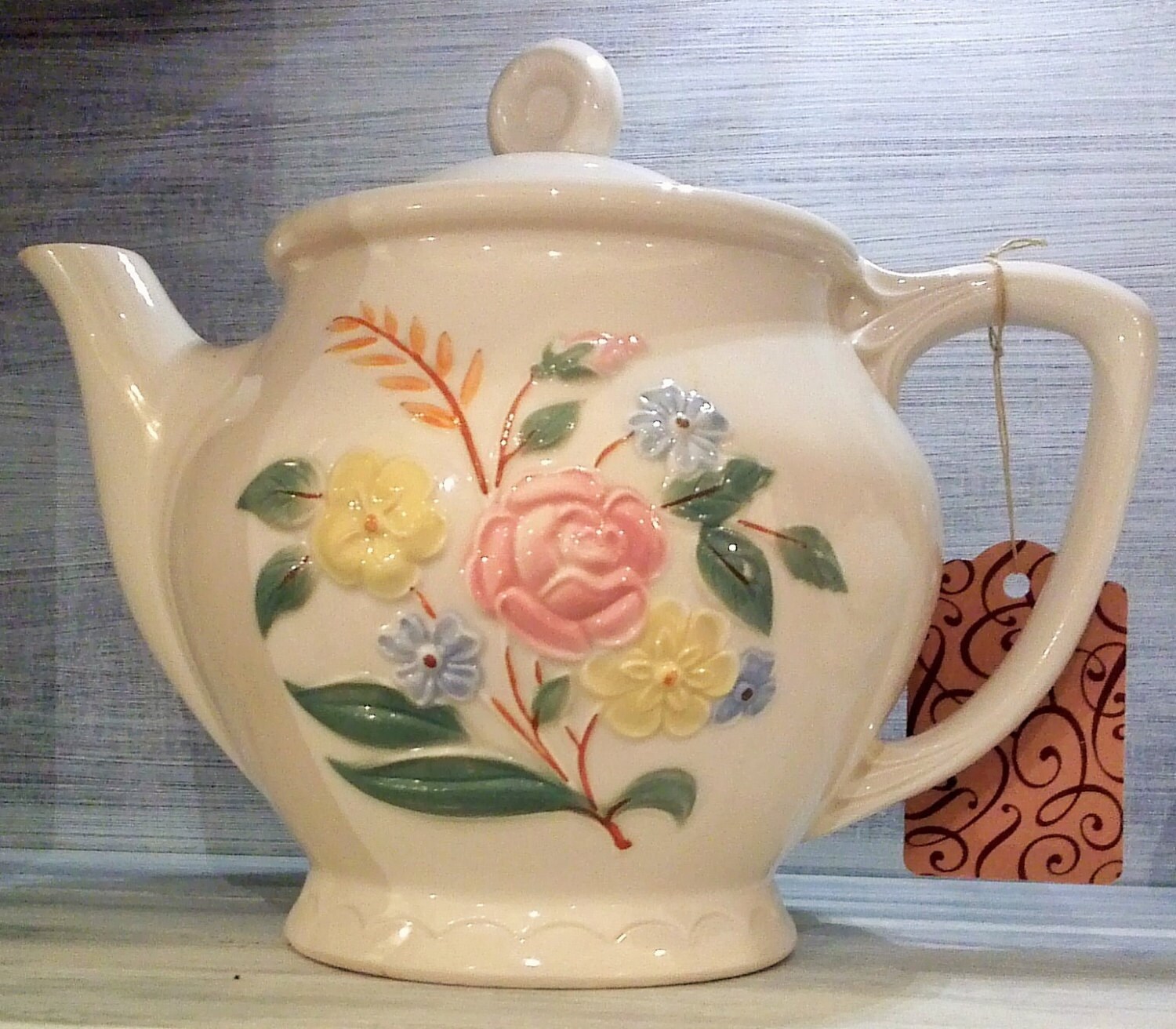 Vintage Teapot China Porcelier Vitreous Pattern Rose and Wheat