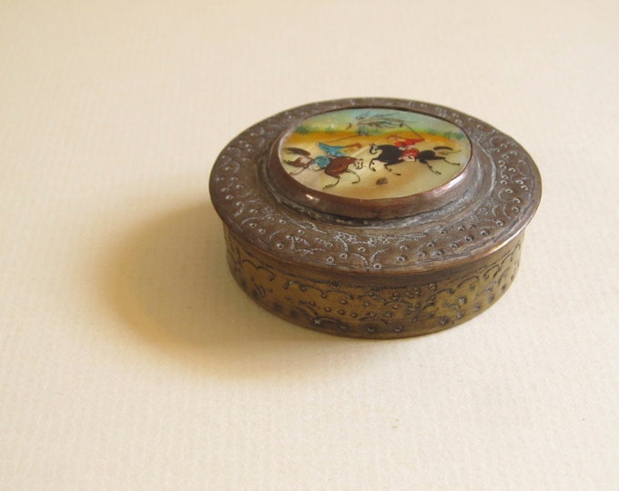 Persian patch box, vintage hand painted trinket box, ring box, powder box, handpainted chogan polo game miniature on mother of pearl