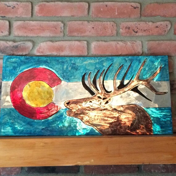 Colorado Flag Metal Art Featuring Elk